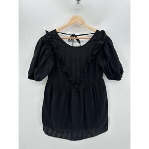 Modcloth Mini Dress Small Black Puff Swiss Dot Tie Back Ruffle Cotton Dark Fairy